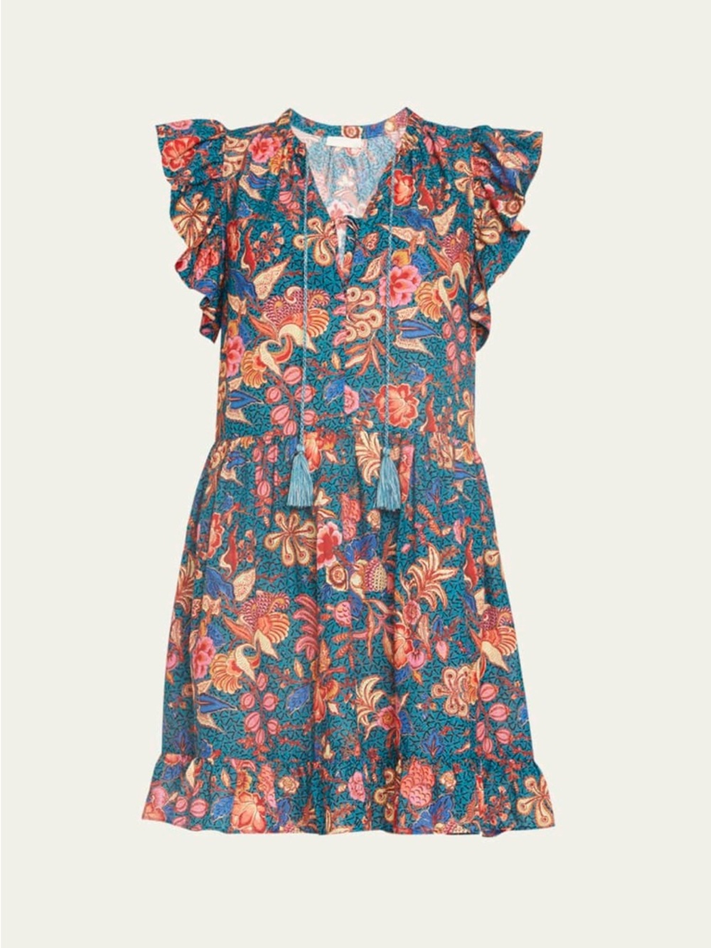 Ulla Johnson Lina Floral Tassel Mini Dress Size Small Teal Boho Resort Dress EUC